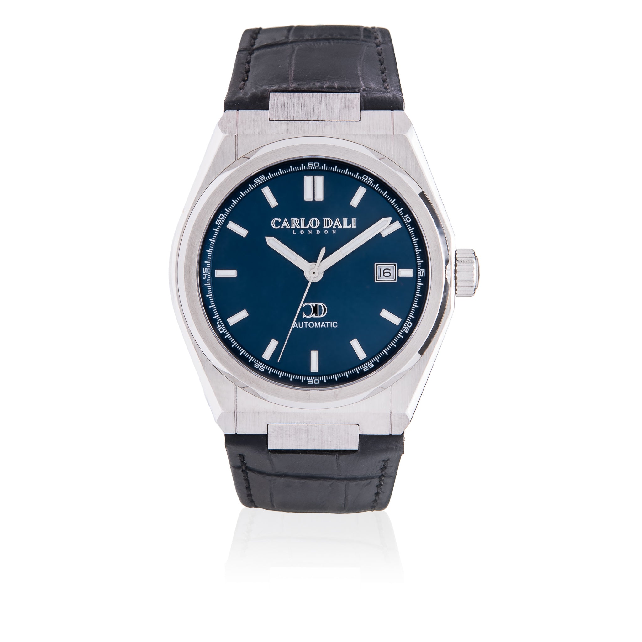 CARLO DALI "1888 automatic" BLACK, SILVER & BLUE LEATHER WATCH