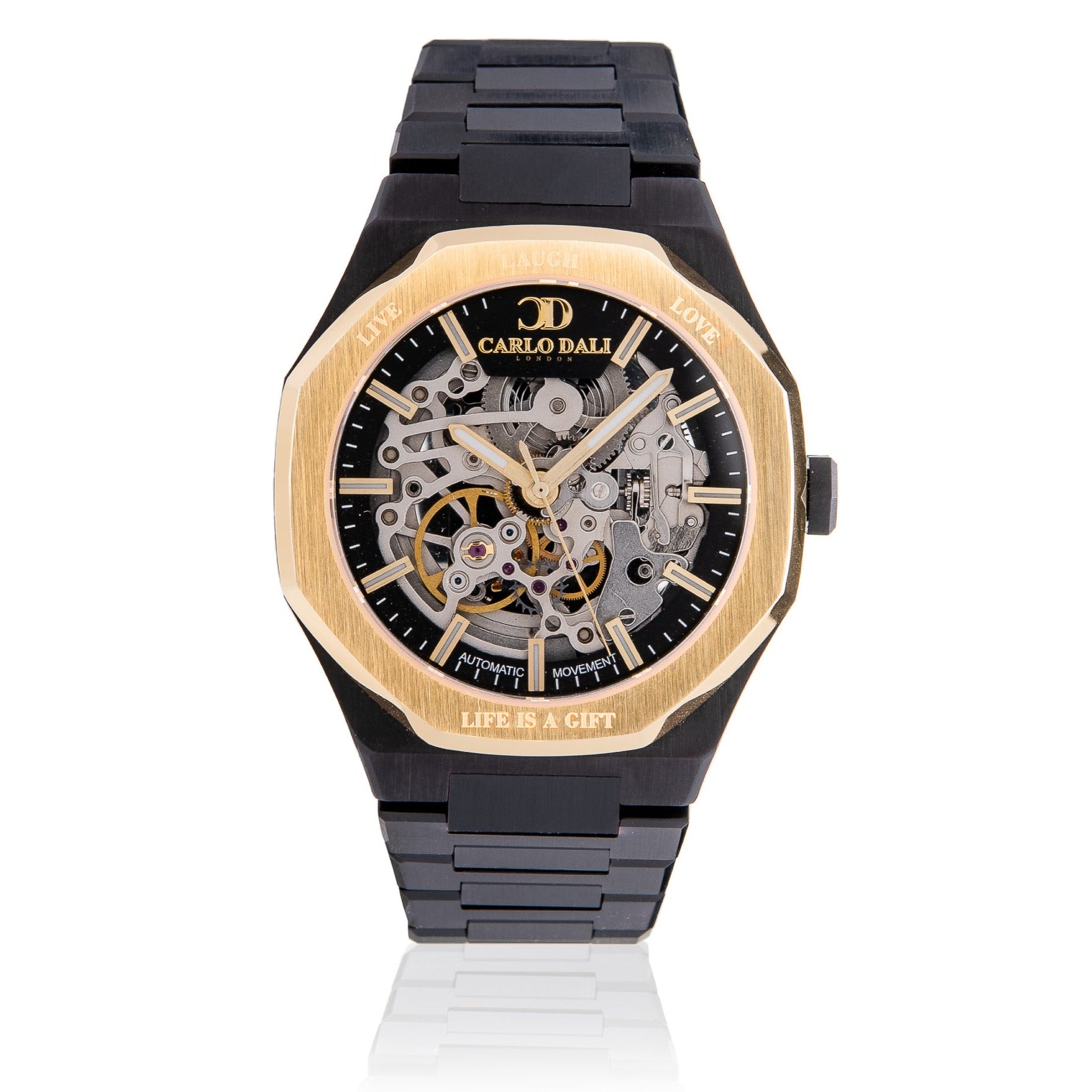 "OCTAGON" LIVE LAUGH LOVE BLACK & GOLD LIMITED WATCH