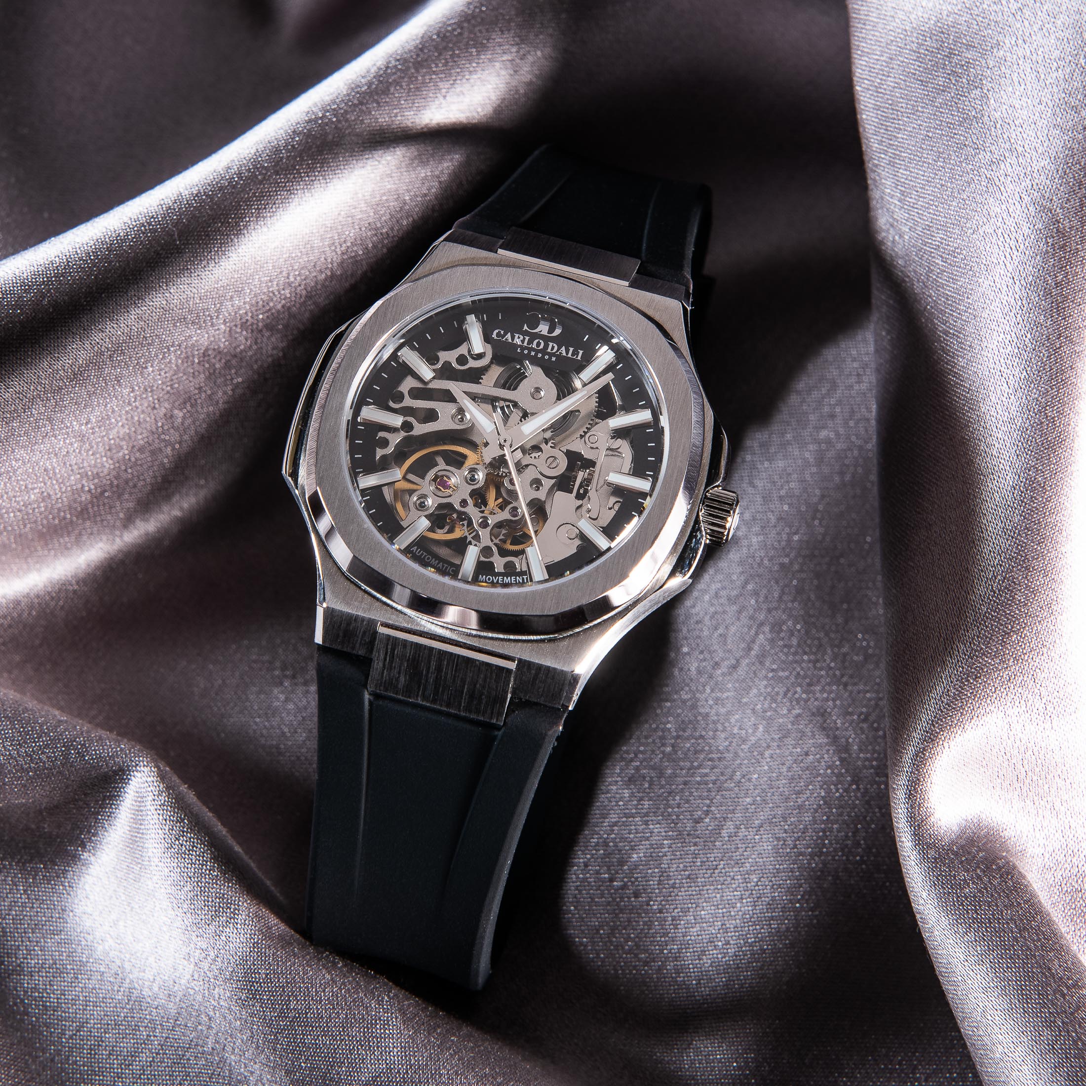 "TIMELESS" SKELETON BLACK & SILVER RUBBER WATCH