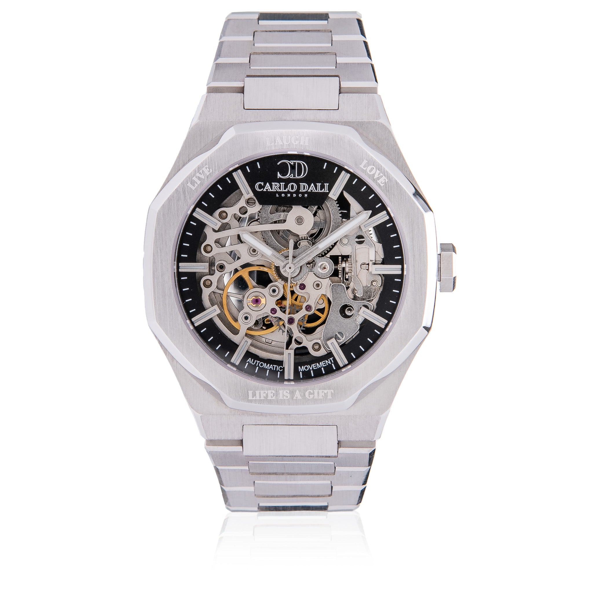 "OCTAGON" LIVE LAUGH LOVE SILVER & BLACK LIMITED WATCH.